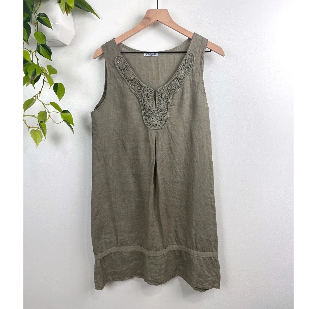 bohabille paris linen dress Bohabille Paris Green Linen Crochet Sequin V-Neck Shift Dress L Boho  Lagenlook pro1wm.com